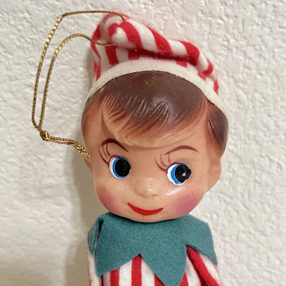Vintage Knee Hugger Elf Pixie Doll Christmas Ornaments Rubber Face Lot of 2